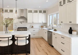 White shaker cabinets around a range wall with a chimney hood and a window over the sink