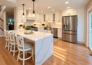 White shaker kitchen with a marble-look waterfall island, white counter stools and brass cabinet hardware