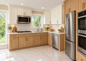 White shaker upper cabinets above natural wood lower cabinets with brass handles and a gas cooktop