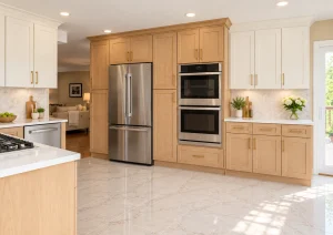 Floor-to-ceiling wood cabinetry framing a stainless refrigerator and double wall ovens