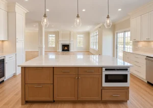 Natural wood island with drawers and a built-in microwave drawer, open to a living room with a fireplace