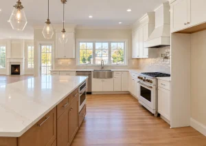 Natural wood kitchen island facing a farmhouse sink under a row of windows