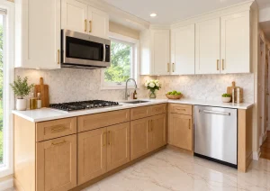 Natural wood shaker cabinets with a gas cooktop, a sink under the window and a light stone-look backsplash